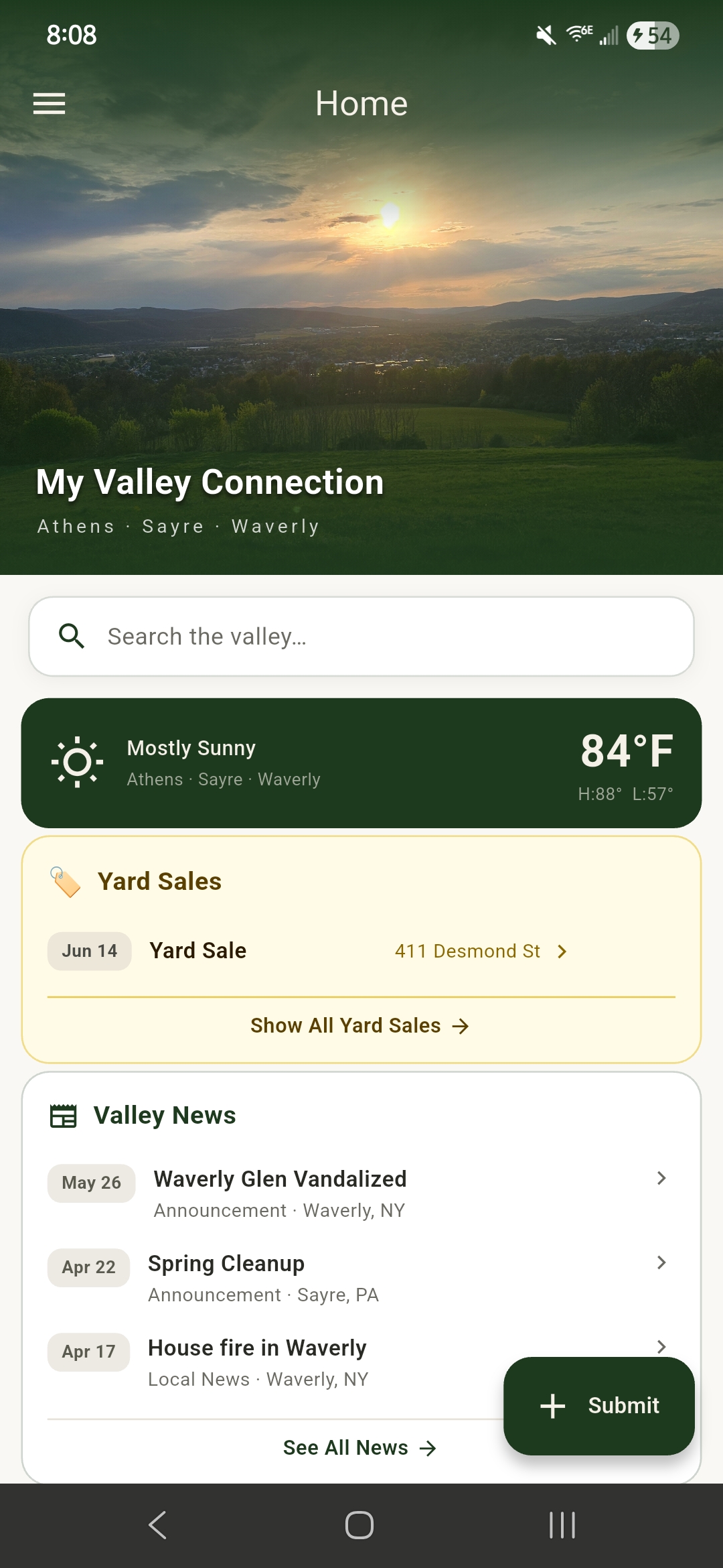 The Home screen showing valley weather, upcoming yard sales, and local news